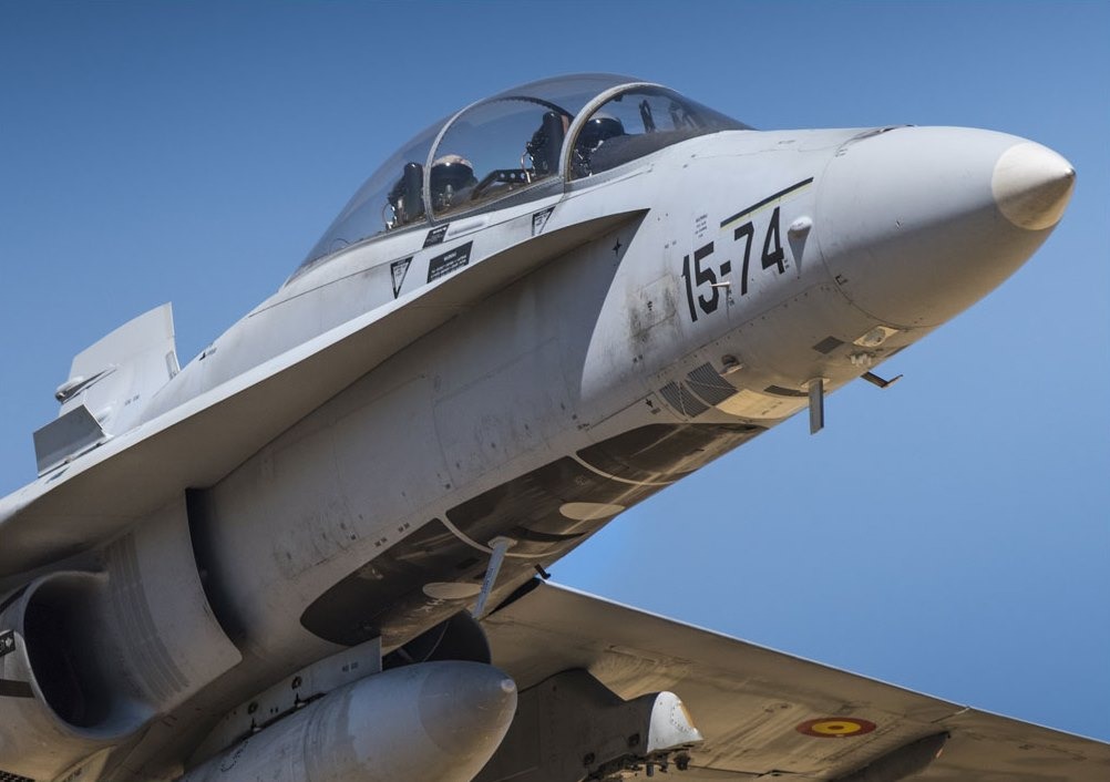 A Spanish Air Force F-18 fighter aircraft taking off at Zaragoza Air Base, home to 15 Air Wing.The F-18s will be patrolling the skies over the Baltic Sea for four months starting from May 1.  