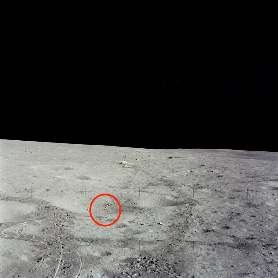 A view of the golf ball (center of image, circled in red) left behind on the Moon by Alan Shepard.
