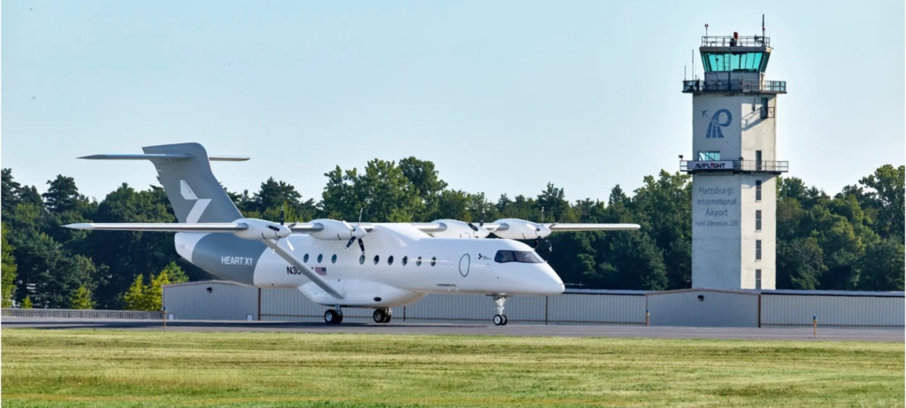 Heart Aerospace’s X1 demonstrator aircraft taxis past the control tower at Plattsburgh International Airport in New York.