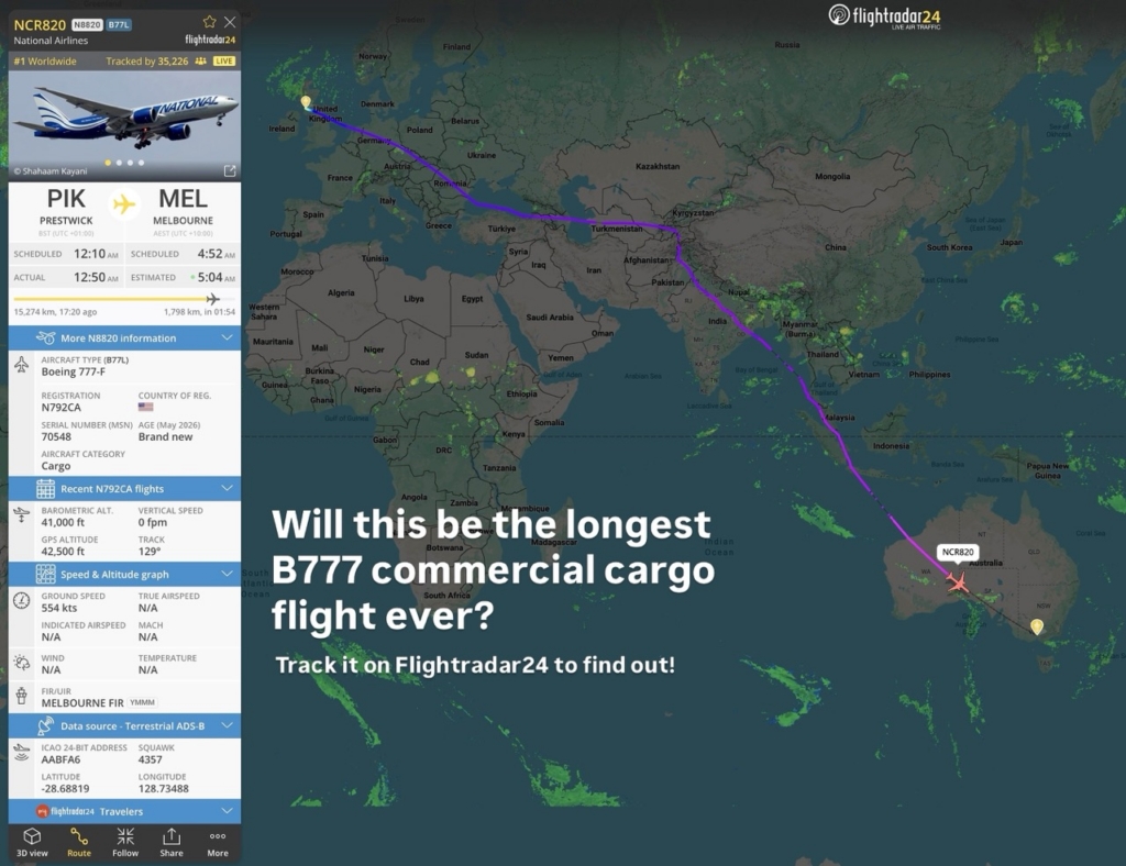 Tracking National Airlines record-setting Boeing 777F flight.
