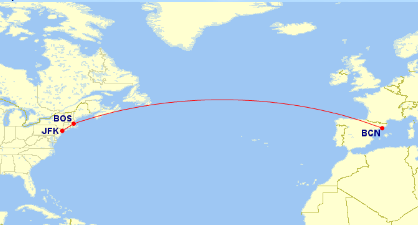 JFK-BOS-BCN route