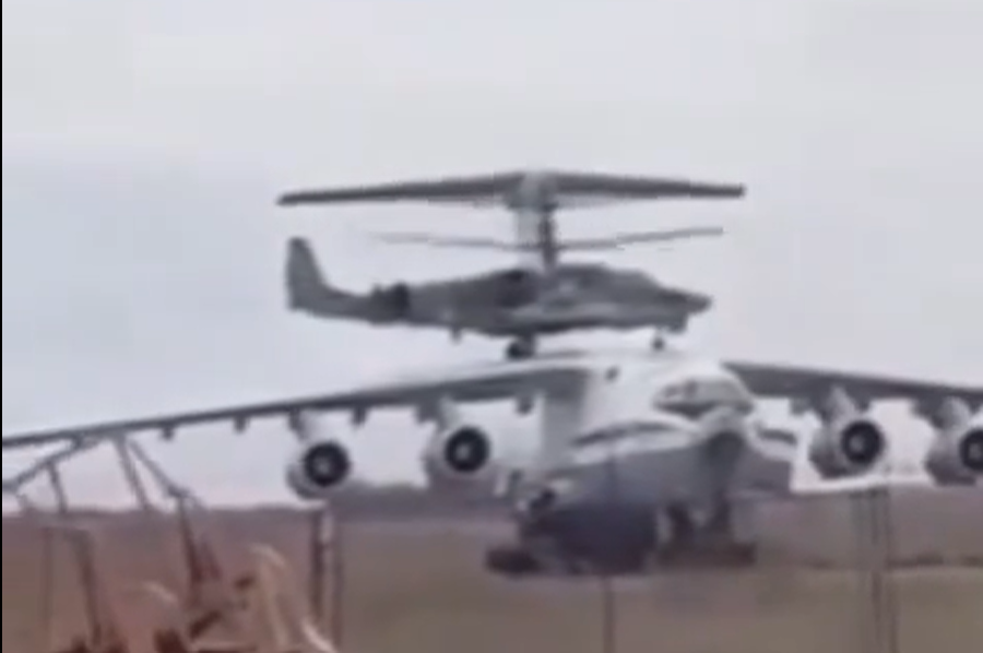 Russian Ka-52 landing on dead Ukrainian Il-76