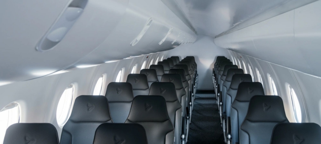 The 30-seat cabin mockup installed aboard Heart Aerospace’s X1 demonstrator aircraft for its rollout.