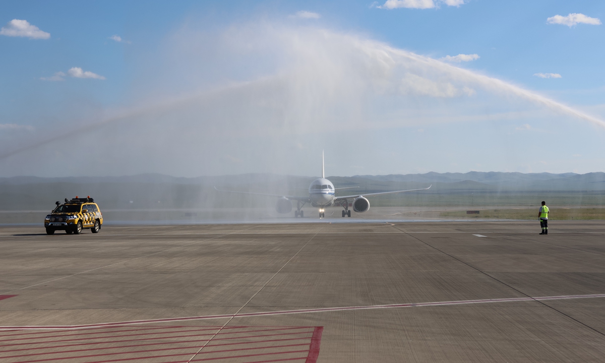 China's domestically developed C919 aircraft lands in Ulaanbaatar, capital of Mongolia, on August 12, 2026.