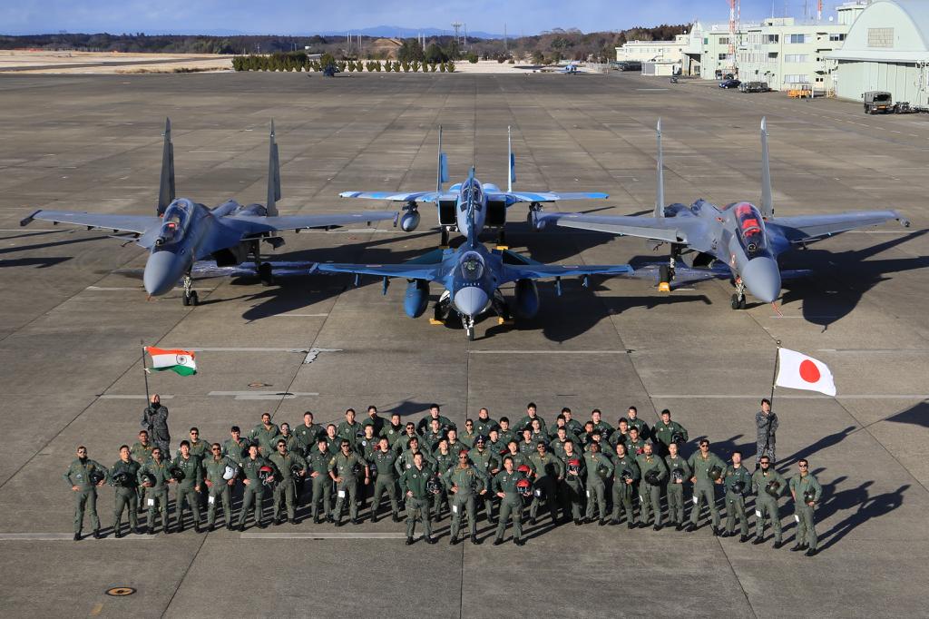 IAF Su-30MKI fighters and JASDF F-2 and F-15 aircraft lined up at Hyakuri Air Base during the inaugural Exercise Veer Guardian 2023 in Japan.