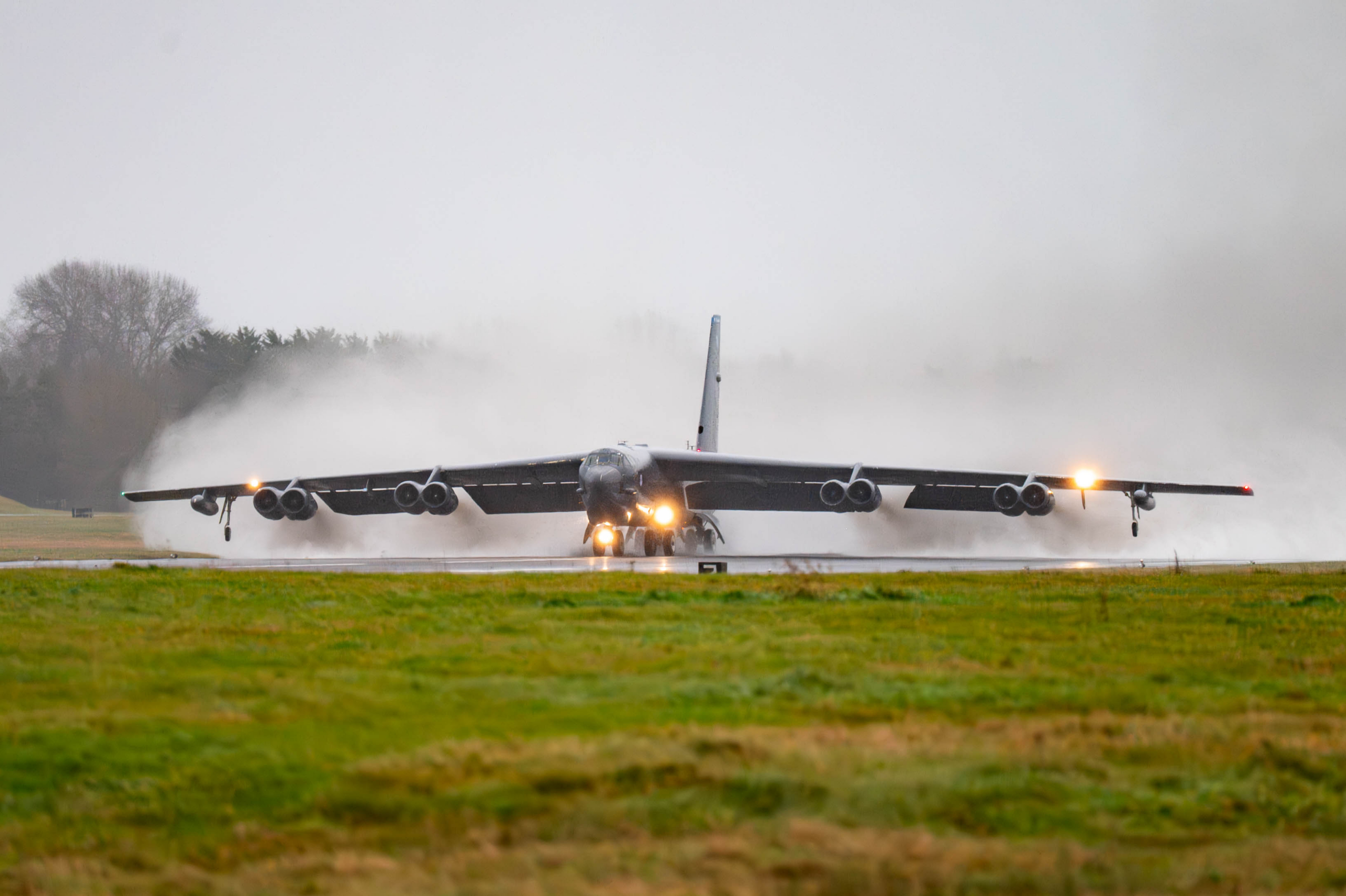 A B-52H Stratofortress assigned to the 20th Expeditionary Bomb Squadron takes off from RAF Fairford, England prior to taking off for Exercise Apex Patriot Dec. 5, 2024. A strong and credible bomber force bolsters the security of our Allies, promoting stability and deterring threats in key regions. (U.S. Air Force photo by Senior Airman Mary Bowers)