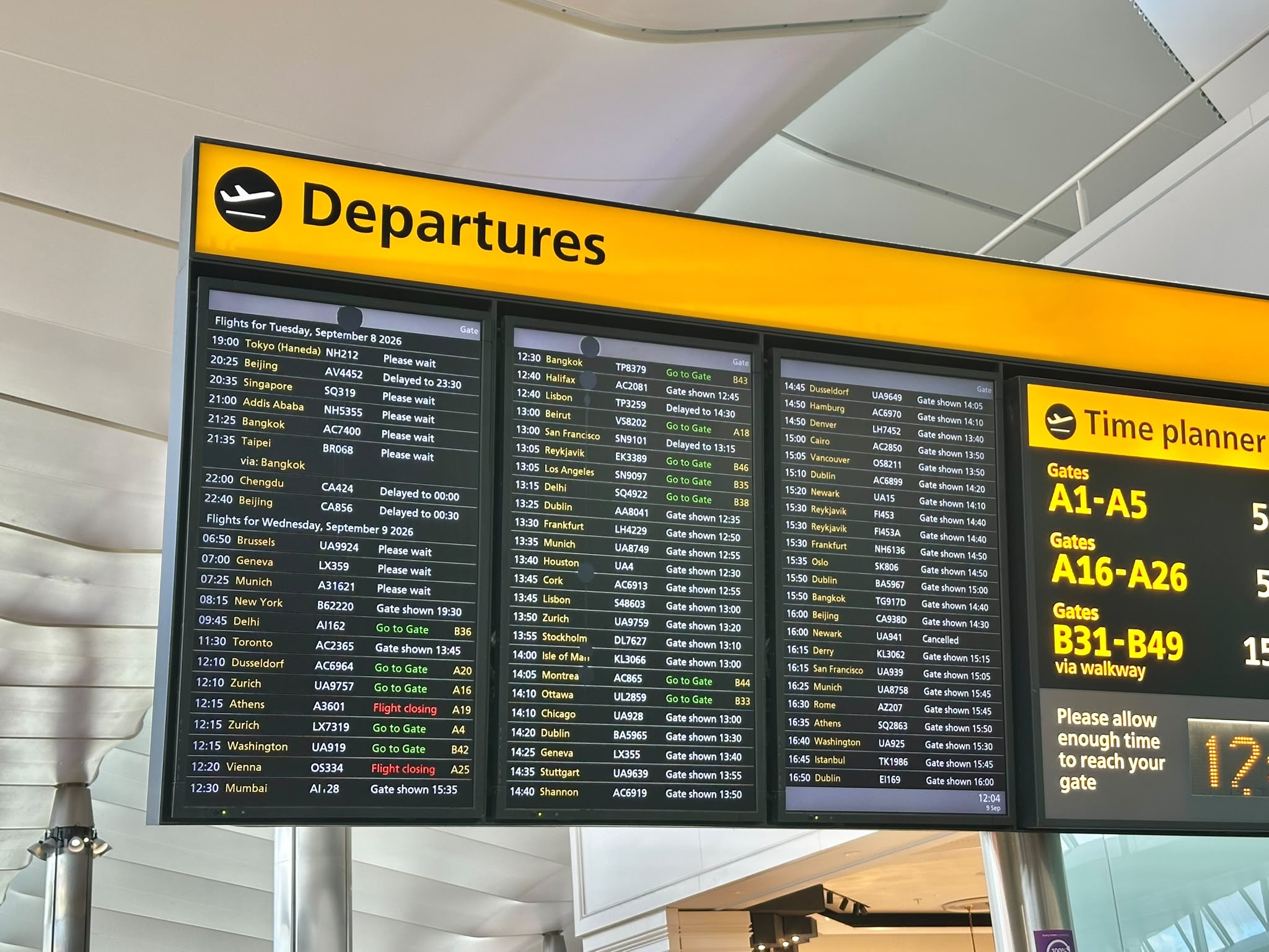 Departure board at Heathrow Wednesday 9th September
