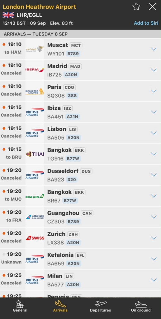 FlightRadar24 image of cancelled flights on 8th September