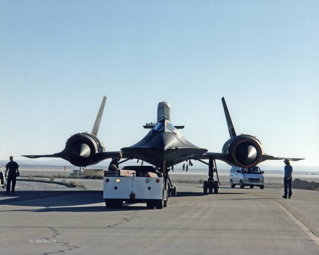 NASA SR-71 front on being towed across the apron