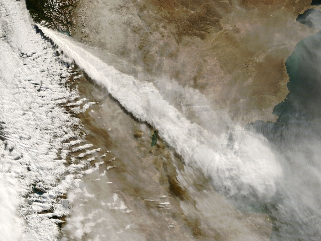 Ash cloud from the 2008 eruption of Chaitén volcano, Chile, stretching across Patagonia from the Pacific to the Atlantic Ocean