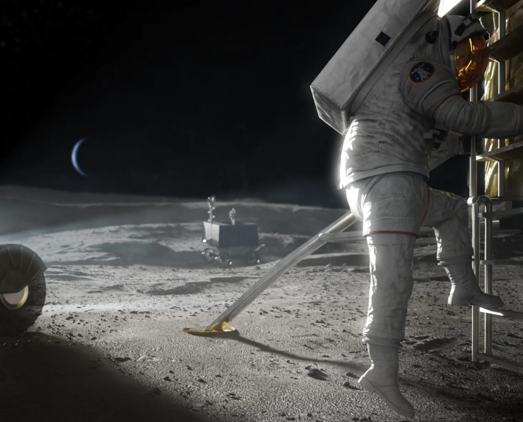 Artist’s concept image of an Artemis astronaut stepping onto the lunar surface.