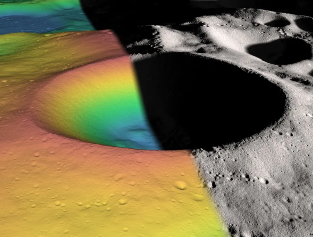 Scientific Data_Elevation (left) and shaded relief (right) image of Shackleton, a 21-km-diameter (12.5-mile-diameter) permanently shadowed crater adjacent to the lunar south pole.
