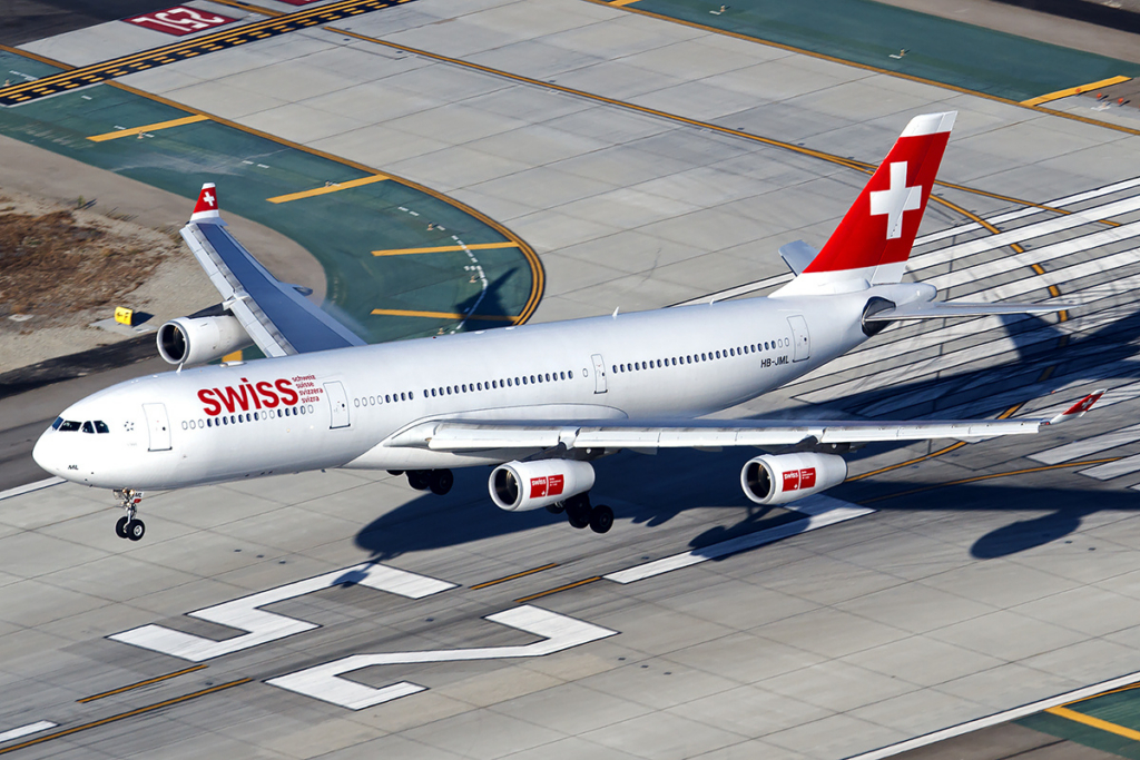 Swiss Airbus A340-313 about to touch down at LAX