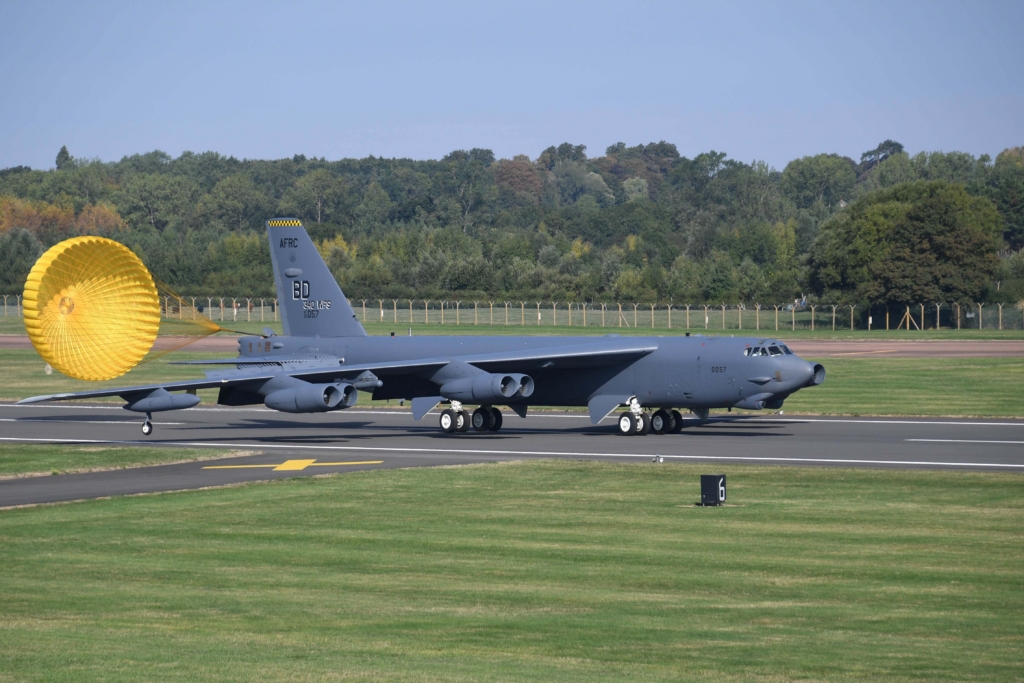 A B-52 Stratofortress from Barksdale Air Force Base arrives at RAF Fairford, United Kingdom, Sept. 5, 2018. The jet is in the U.K. in support of AMPLE STRIKE 18, a Czech-led exercise involving 19 NATO allies and partners. The exercise is designed to test interoperability with Joint Terminal Air Controllers from multiple countries. Citizen Reserve Airmen and their active-duty counterparts from multiple units are working together at RAF Fairford to support bomber operations during the exercise. (U.S. Air Force photo by Master Sgt. Ted Daigle/not released)