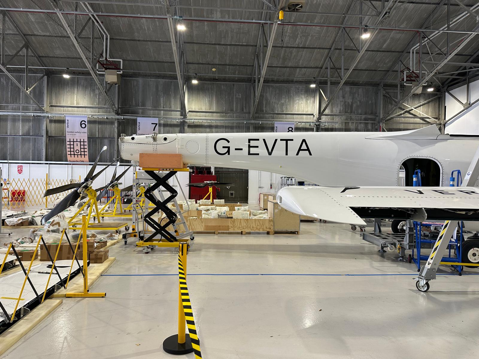 Vertical Aerospace VX4 prototype tail on a workshop stand