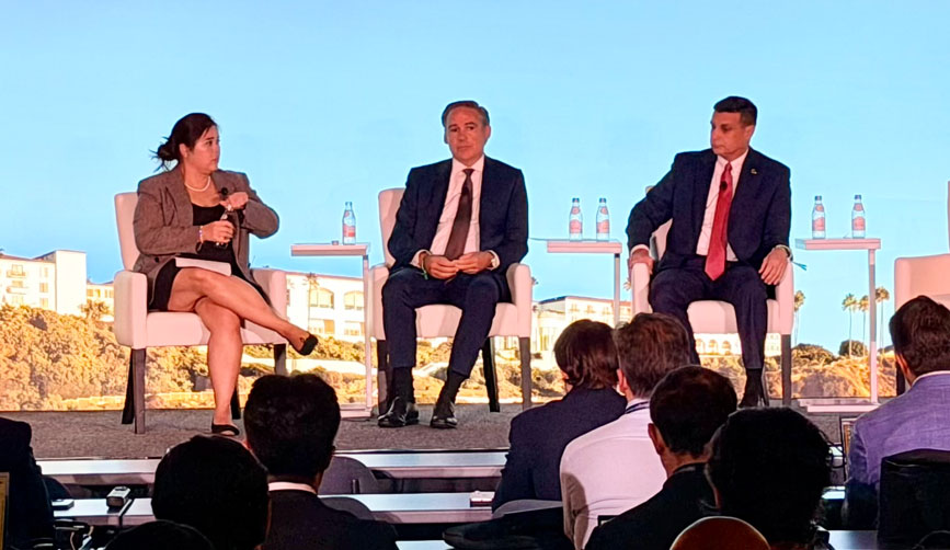 Boeing President and CEO Kelly Ortberg and Chief Financial Officer Jay Malave speaking to investors during the Morgan Stanley Laguna Conference.