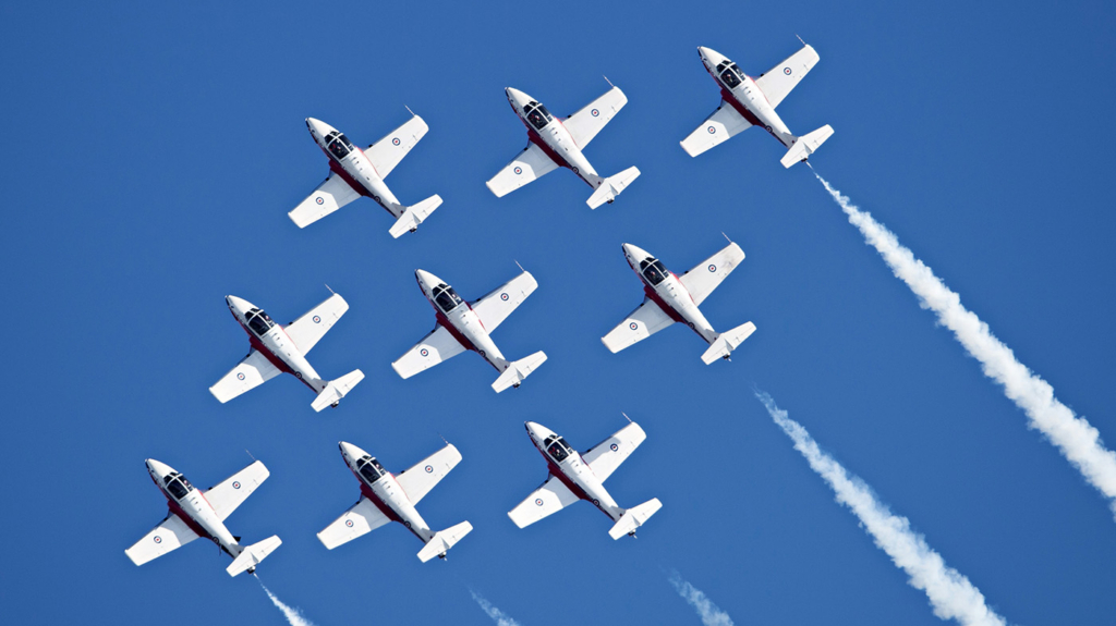 CT-114 Tutor is flown by the Canadian Forces Snowbirds demonstration team at public events throughout North America.