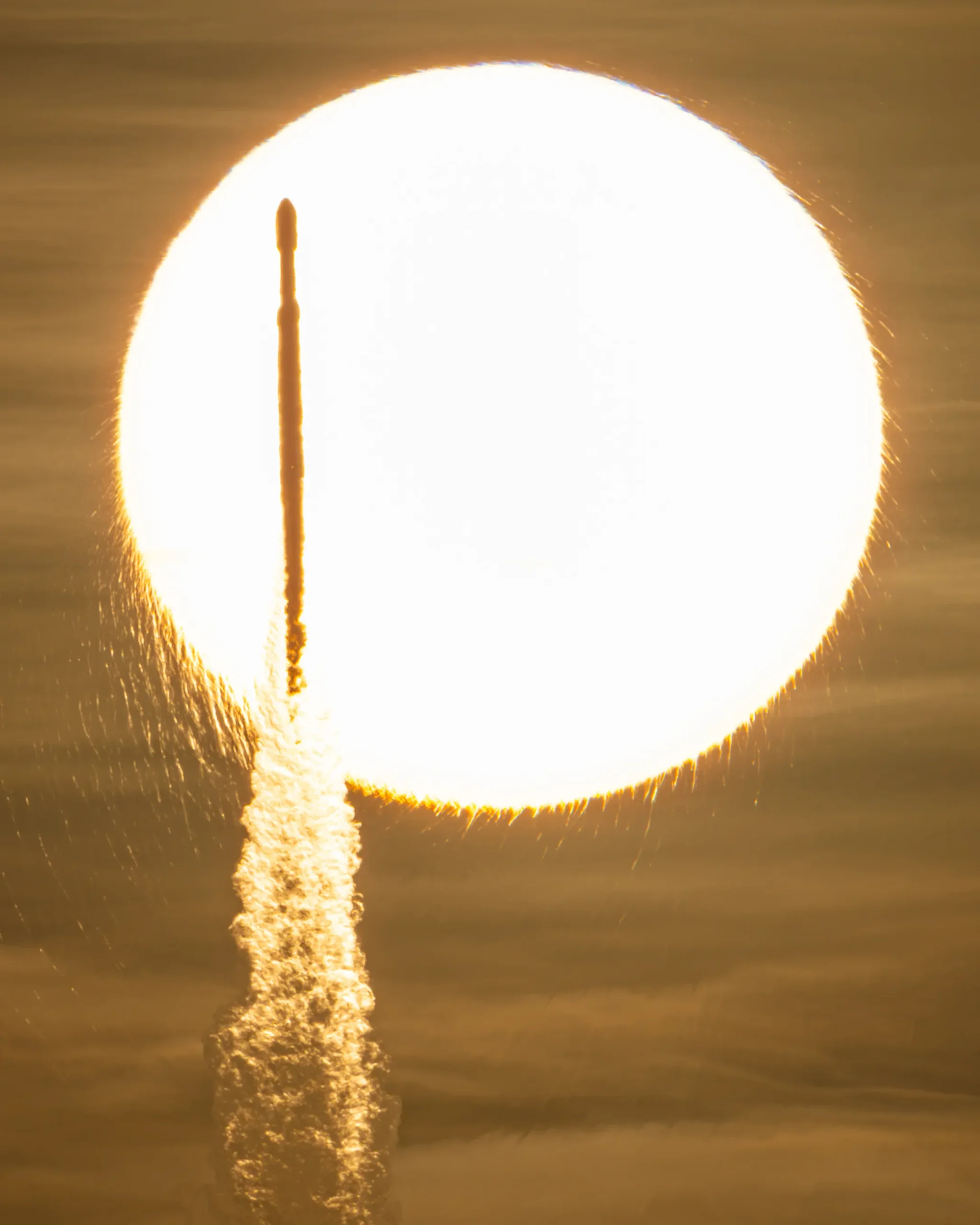 NASA’s Nancy Grace Roman Space Telescope, aboard a SpaceX Falcon Heavy rocket, transits the Sun during launch from the agency’s Kennedy Space Center in Florida on Aug. 30, 2026. Roman is named after the agency’s first chief astronomer.