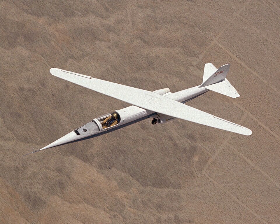 AD-1 in flight. Flight #30. The AD-1 aircraft in flight with its wing swept at 60 degrees, the maximum sweep angle.