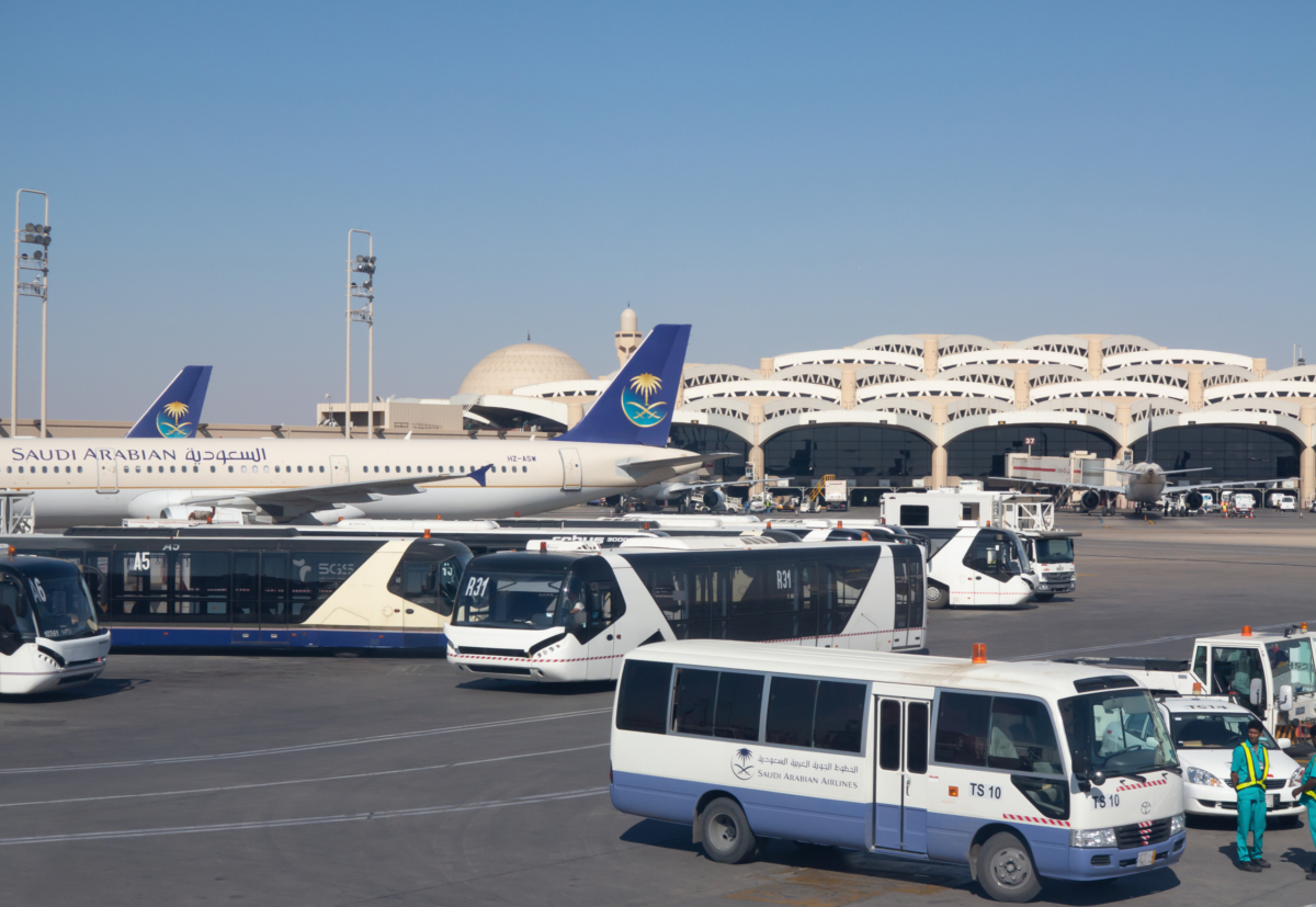 Riyadh - March 01: Planes preparing for take off at Riyadh King Khalid Airport on March 01, 2016 in Riyadh, Saudi Arabia. Riyadh airport is home port for Saudi Arabian Airlines.