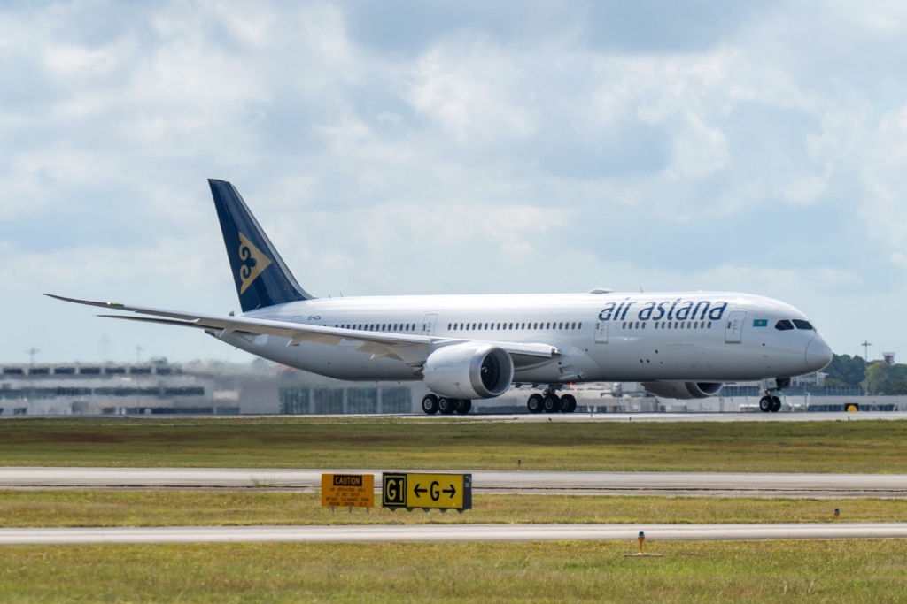 Air Astana Boeing 787-9 Dreamliner in flight testing.