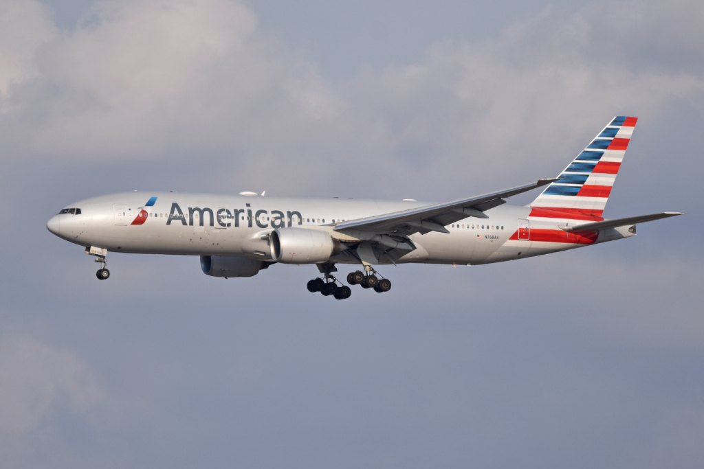 American AIrlines Boeing 777-200ER  coming into land at an airport