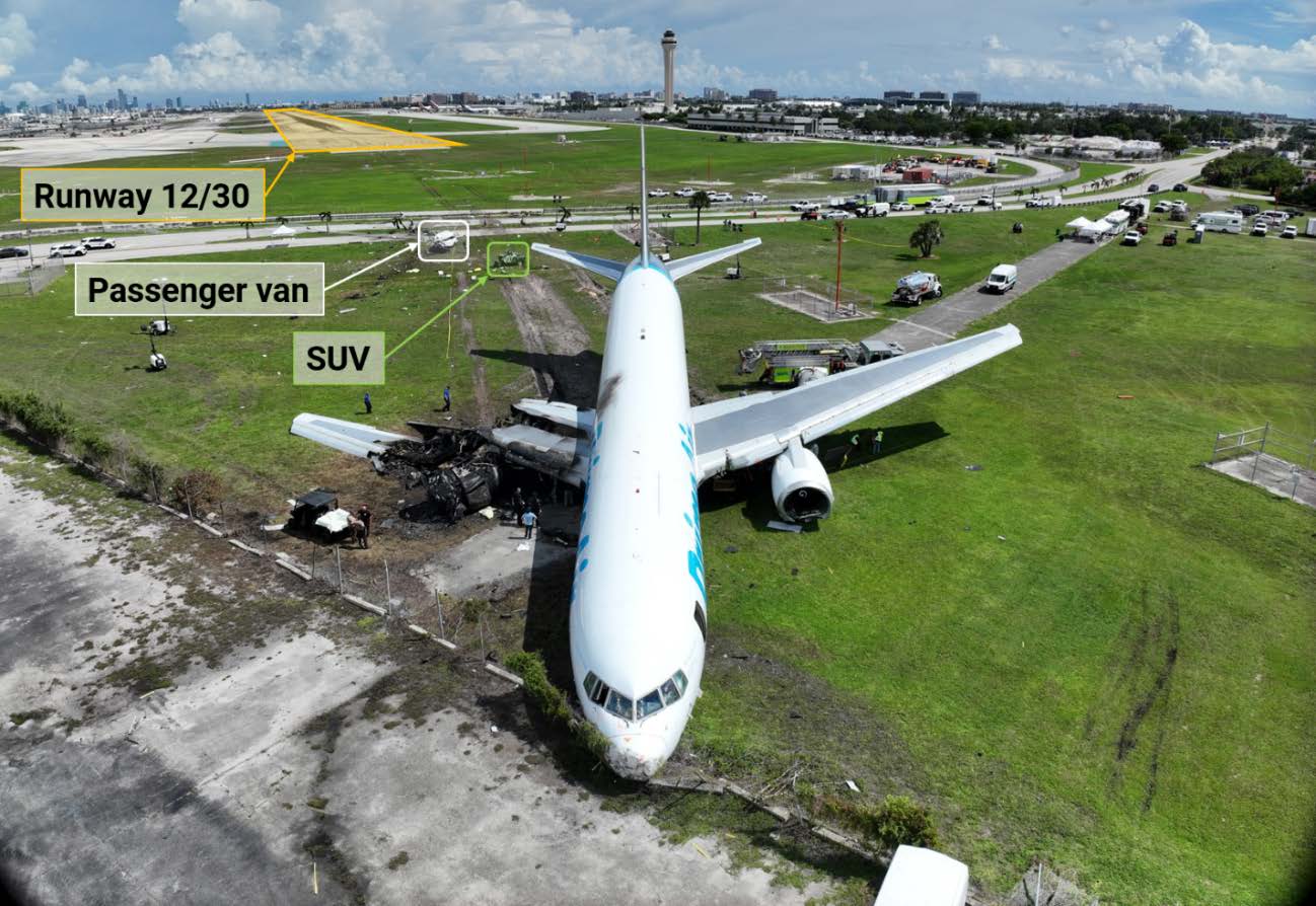 ​​An aerial view of N1997A showing the relative location of the two impacted ground vehicles and ground scars leading up to the airplane’s resting location.