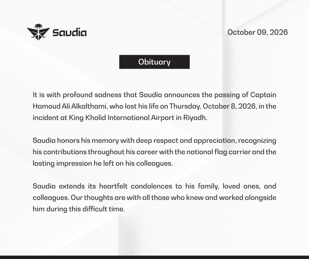 Saudia obituary for captain pilot killed in strikes on Riyadh Airport