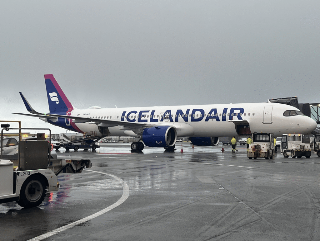 Icelandair's first Airbus A321neo at the gate at Keflavik Airport.
