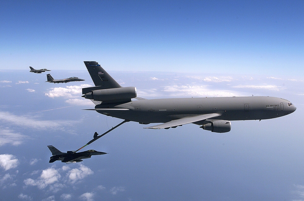 An F-16 Fighting Falcon from the 40th Flight Test Squadron, Eglin Air Force Base, Florida, refuels from a KC-135 Stratotanker during Air & Space Power Expo '99. The Expo was put on for congress to show how ready the US Air Force is for the next millenium.