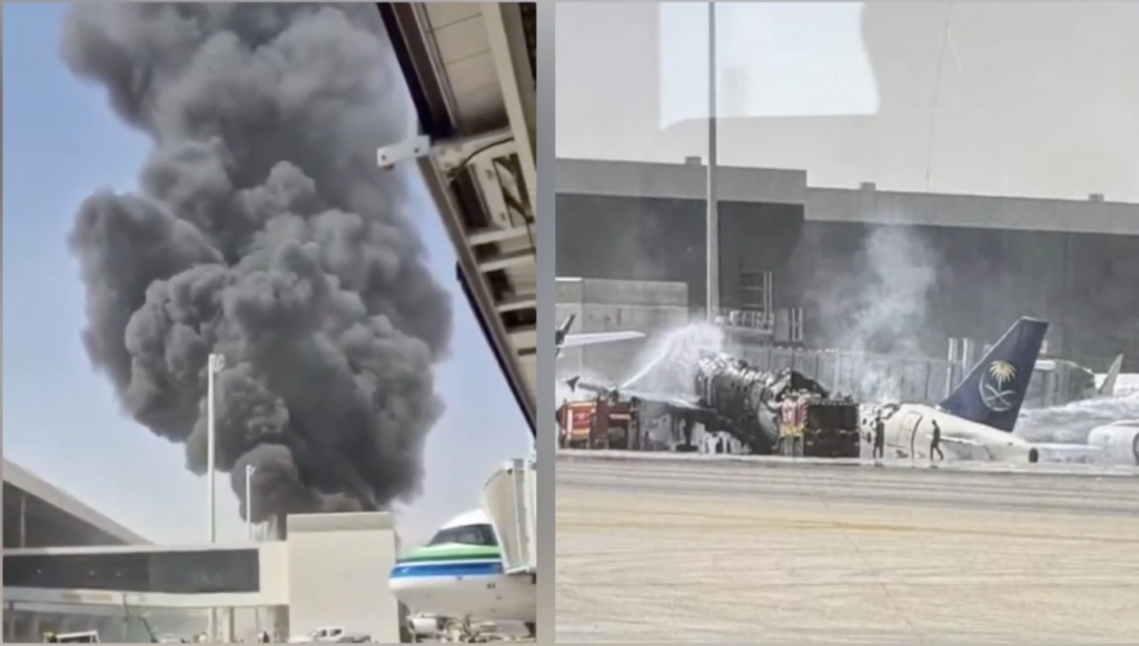 Saudia aircraft in flames at Riyadh Airport