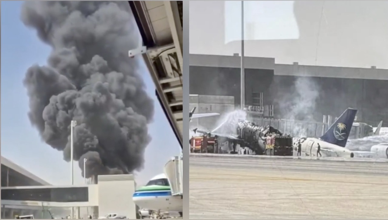 Saudia aircraft in flames at Riyadh Airport