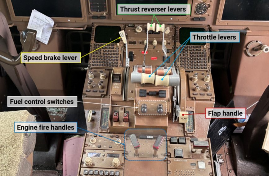  The cockpit center aisle stand with the position of various controls observed at the accident site. 
