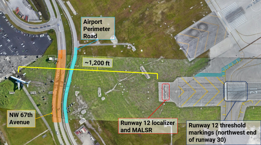 NTSB aerial imagery superimposed on a satellite view of the area of the runway excursion.