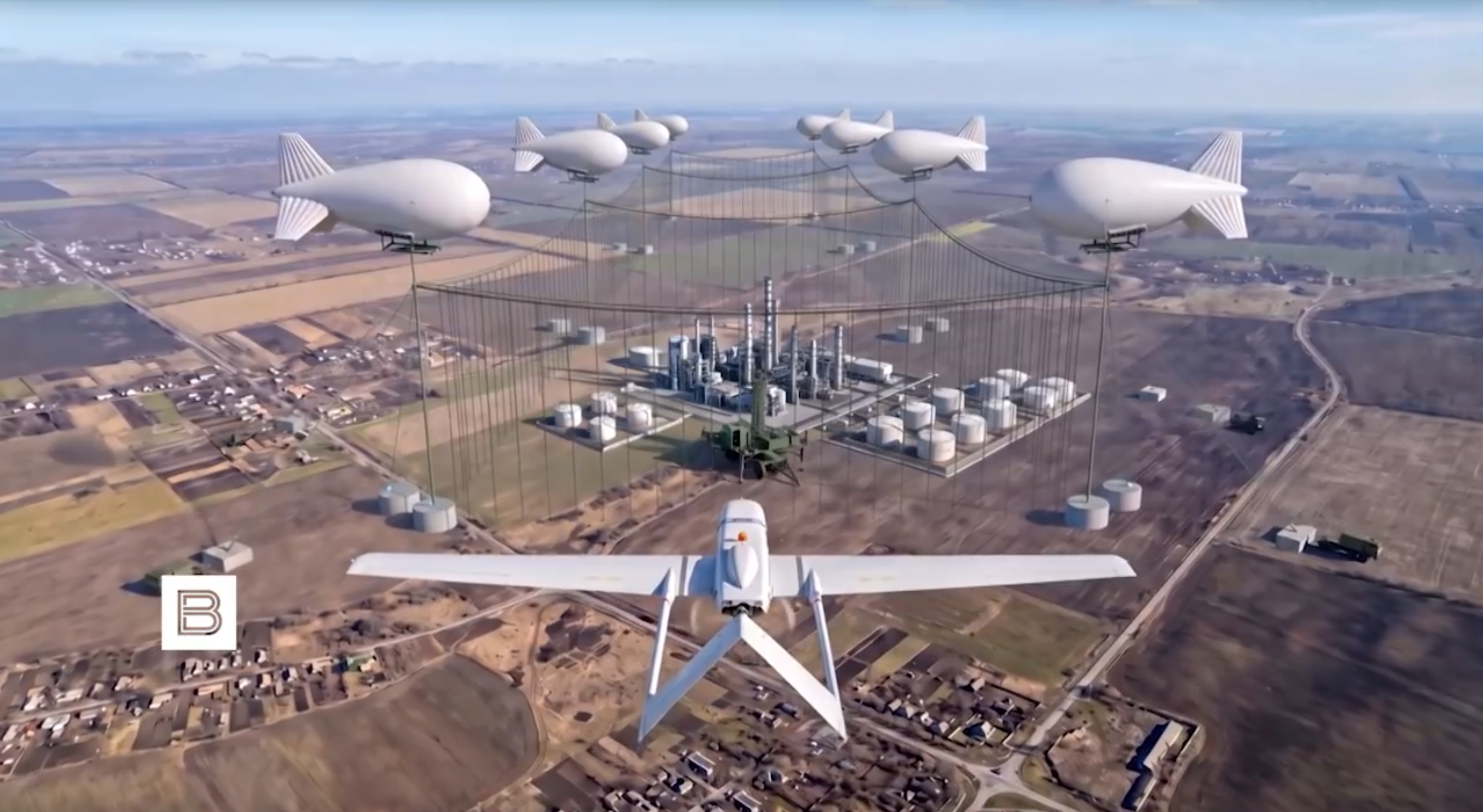 Render of aerostats protecting against drones