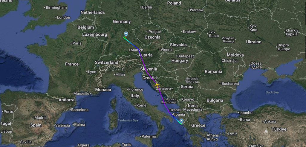Corendon flight from Corfu to Nuremberg around the time it began transmitting the emergency code