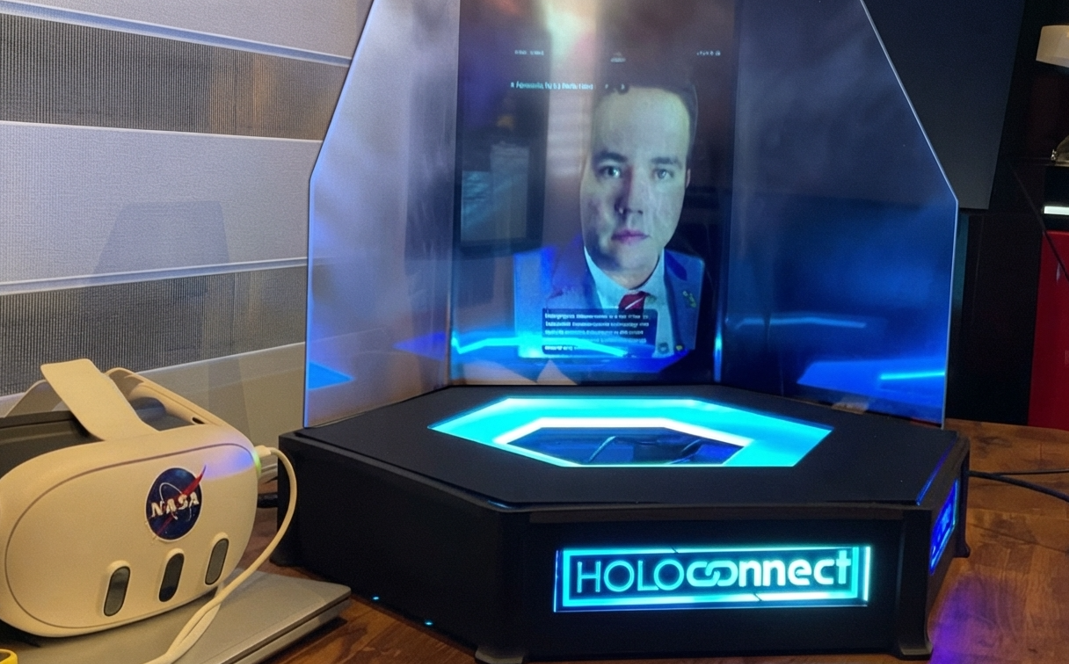 Dr. Fernando De La Peña Llaca and the Aexa and NASA team during the historic ISS holoportation experiment, alongside Aexa's HoloConnect AI platform