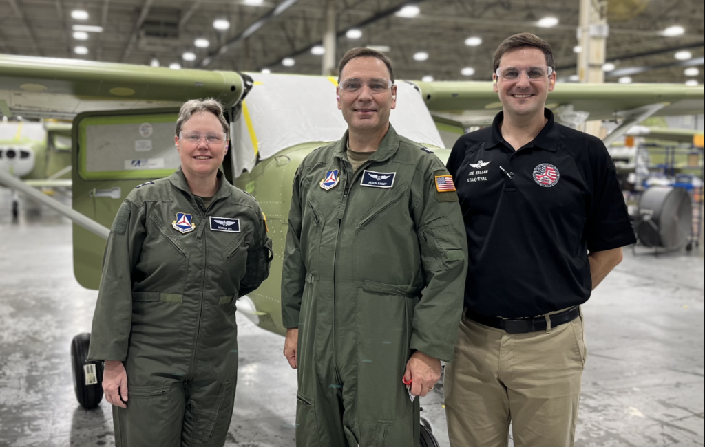 Maj. Gen. Regena Aye and Brig. Gen. R. Jason Bailey of the Civil Air Patrol tour Cessna piston assembly at Textron Aviation’s facility in Independence, Kansas