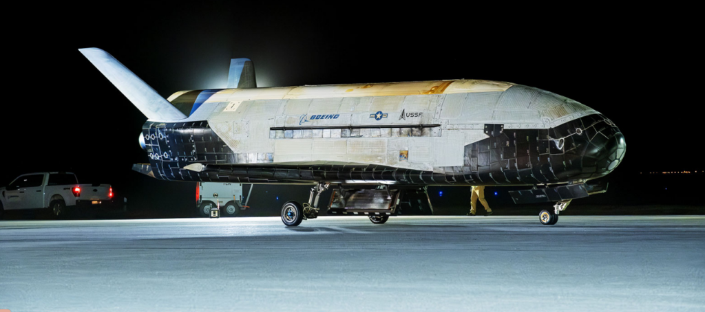 The Boeing-built X-37B lands at Vandenberg Space Force Base, California, completing its seventh mission, on March 7, 2025. 