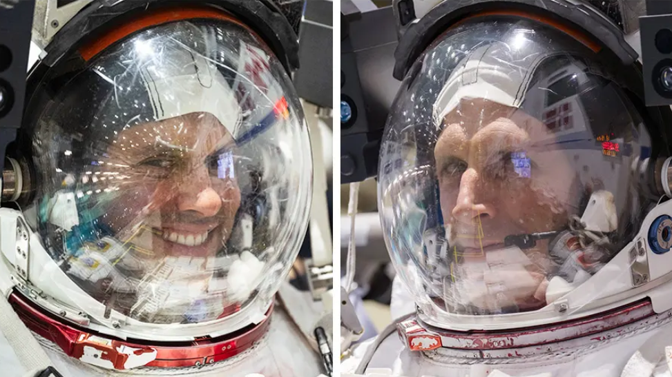 From left, Astronauts Anil Menon of NASA and Josha Kutryk of CSA (Canadian Space Agency) conduct spacewalk training at Johnson Space Center’s Neutral Buoyancy Laboratory in Houston, Texas.