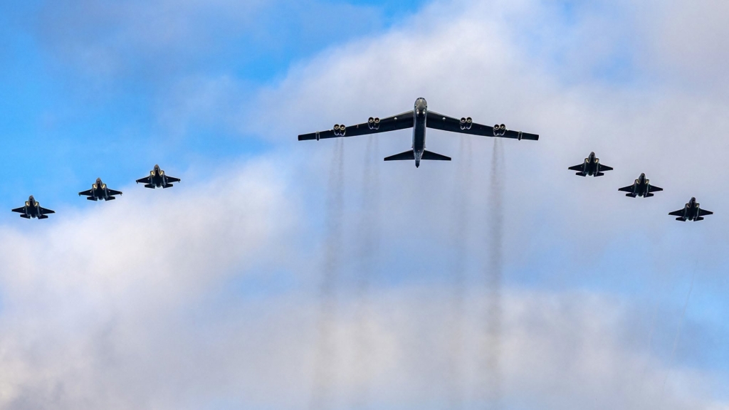 USAF B52 escorted by British F-35B and Norwegian F-35A