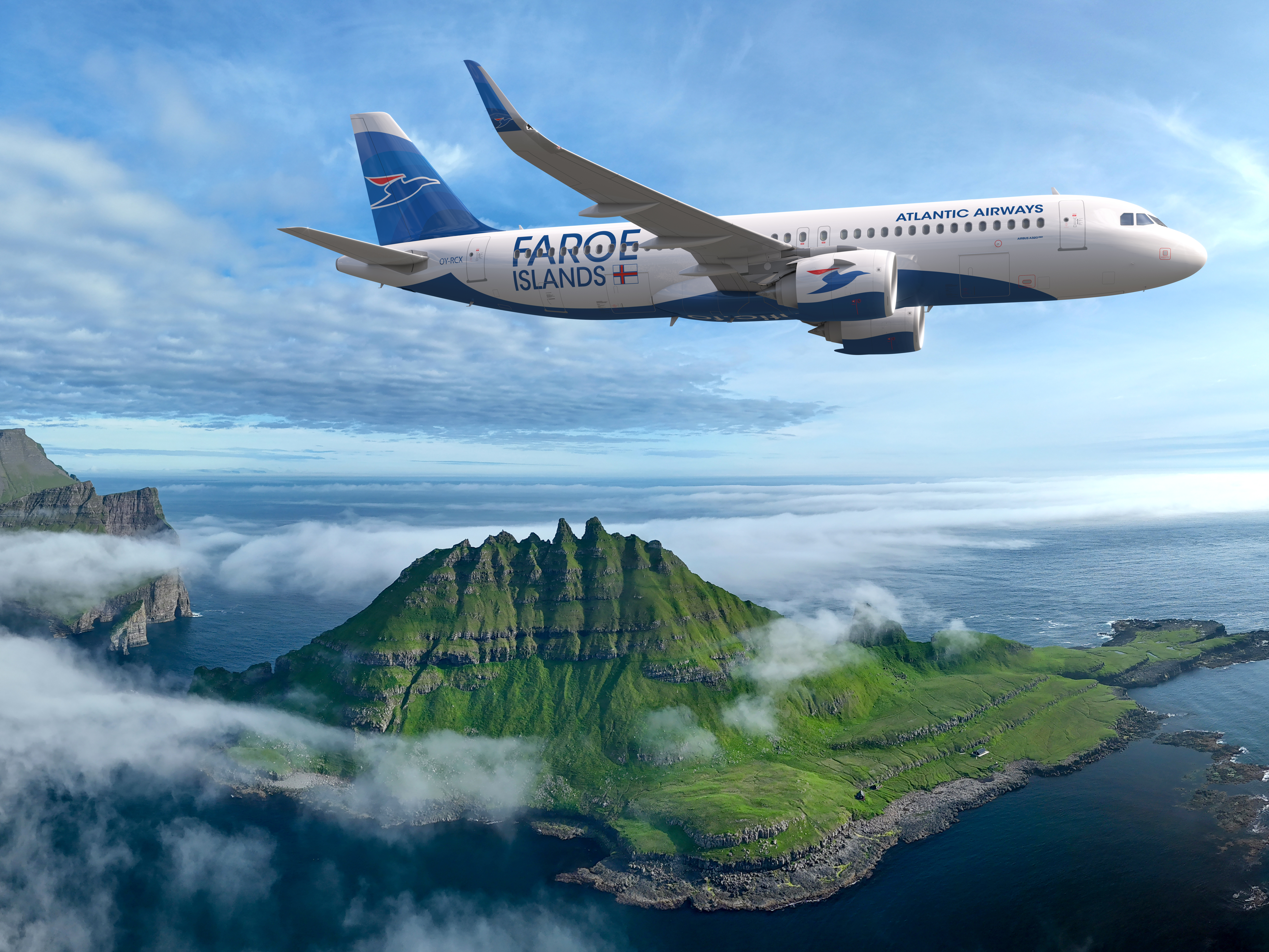 Atlantic Airways Airbus A320neo rendering above mountains