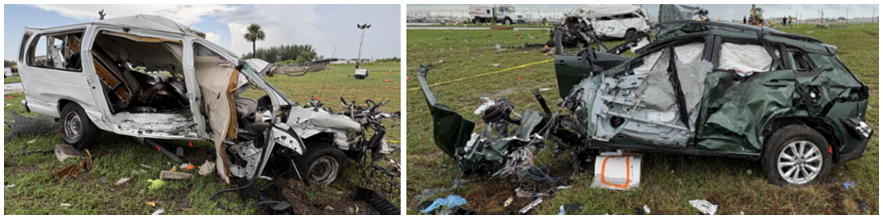 The impacted Ford Econoline van (left) and Toyota Corolla Cross SUV (right). 