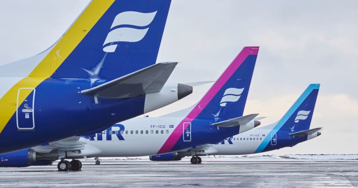 Icelandair Boeing 737 MAX tails lined up at Keflavik Airport.