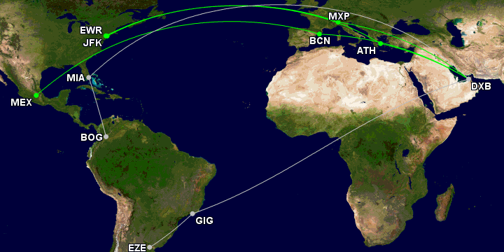 Map of Emirates' fifth-freedom flights in the Americas