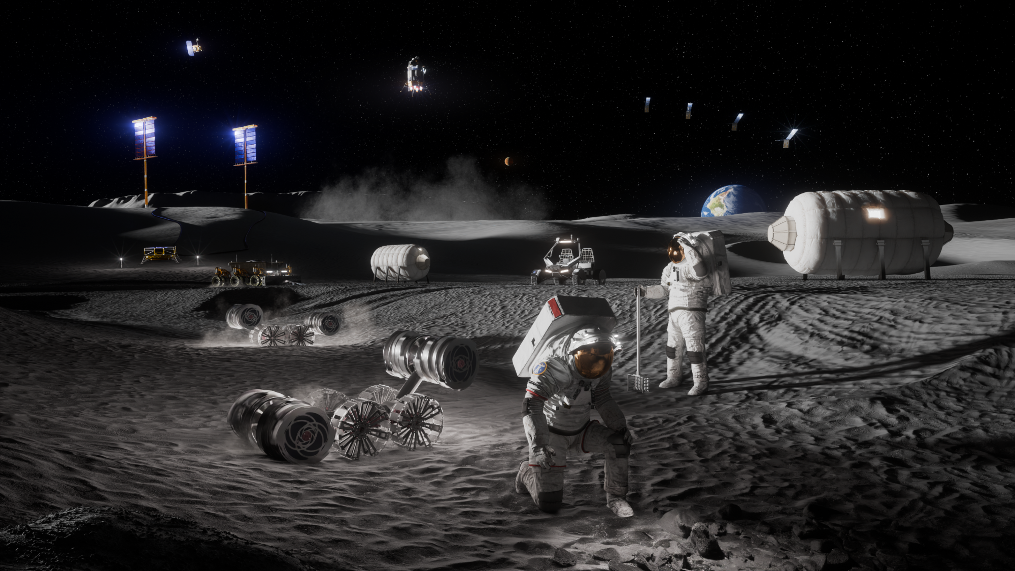 Artist’s rendering depicting astronauts, habitats, rovers, power systems, and cargo operations supporting sustained human activities at the Moon Base near the lunar South Pole.